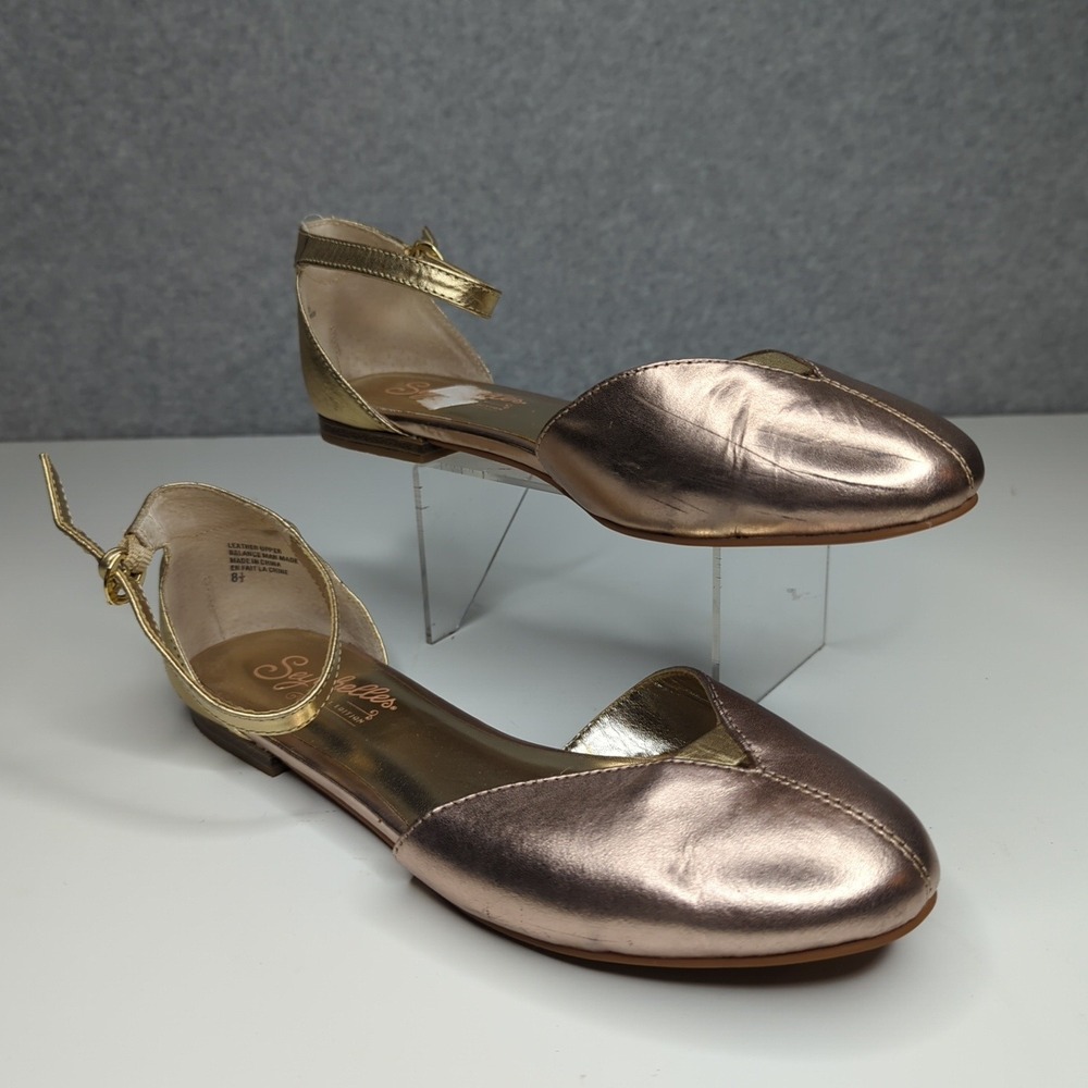 Seychelles Ankle Strap Pointed Toe Flats Metallic Rose Yellow Gold Shoes 8 flaw